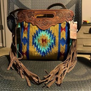 American Darling Medium size purse, tooled genuine leather Azteca Blanket Purse